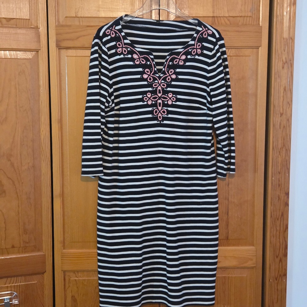 Talbots Dress Large Navy Blue Striped Embroidered Nautical Stripe T-Shirt Dress